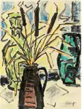 Karl Schmidt-Rottluff, Stillleben mit Schilfkolben, Um 1955, Farbkreide und Tuschpinsel auf Bütten