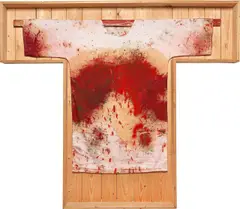 Hermann Nitsch, Malhemd, 1989, Acryl, Öl und Blut auf Stoff, in originaler Holzkassette