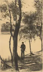 Lesser Ury, Der Angler, 1900, Kohle auf gelblichem leichten Karton