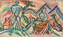 Cesar Klein, Akte in einer Landschaft, 1914, Mosaik auf Holz in Stahlrahmen