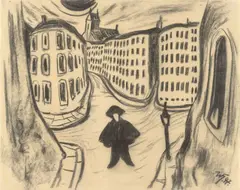Werner Heldt, Der Leichenbitter (Laternenmann), 1947, Kohle auf dünnem Papier
