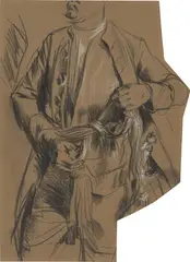 Adolph von Menzel, Hans Karl von Winterfeldt, preußischer Generallieutenant (Studie zu einem friderizianischen Offizier), 1851, Schwarze Kreide, weiß gehöht, auf braunem Papier