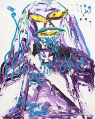 Jonathan Meese, DIE CHEFIN „Yellow-belli“ der KÄSEREI-MEESE im MILCHSHAKETUM des Hohen NORDEN's gelb (Monopolizei Kokain II), 2005, Öl auf Leinwand