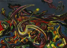 William Ferguson, Fantastic Birds and Creatures in Landscape, c.1948, oil on wood panel