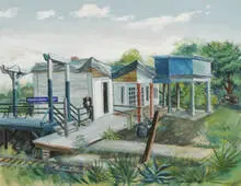 Railroad Station by Aaron Bohrod, 1934, gouache on artist board, sold May 2002
