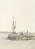 James Holland Rws, Figures boarding a boat; Landscape with a windmill, a pair., watercolour and pencil