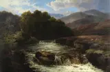 John Brandon Smith, Sheep grazing by a highland river, oil on canvas