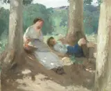 Henry Edgar Crockett, Relaxing among the trees, oil on board