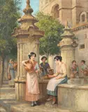 Arthur Trevor Haddon, Venetian flower and fruit market; Meeting at the fountain; a pair, oil on canvas