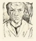 Max Beckmann, Selbstbildnis von vorn, im Hintergrund Hausgiebel, 1918, Kaltnadel auf Japan