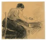Max Liebermann, Martha, die Gattin des Künstlers, an ihrem Schreibtisch, 1898, Kreide auf braunem Papier, teilweise gewischt