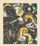 Mappenwerk, Die Erste Mappe, 1921, Original-Ganzpergamentmappe mit 5 Druckgrafiken verschiedener Künstler, jeweils auf Japanbütten, und 8 Passepartouts mit Reproduktionen. Mit Impressum