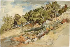 Viktor Paul Mohn, Eichenhain in der Serpentara bei Olevano, 1866, Aquarell, Feder in Braun und Grau über Bleistift auf Papier
