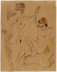 Weibliche Akte by Max Pechstein, 1918, Tuschfeder und Aquarell auf bräunlichem Papier, sold Jun 2017