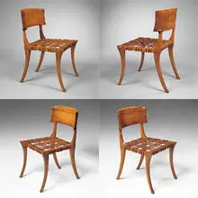 T. H. Robsjohn-Gibbings, Klismos chairs, set of four, 1961, Greek walnut, leather