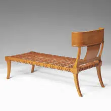 Klini couch by T. H. Robsjohn-Gibbings, 1961, Greek walnut, leather, sold Oct 2001