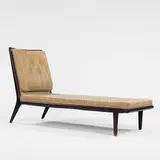 chaise lounge by T. H. Robsjohn-Gibbings, 1950s, walnut, upholstery, sold Oct 2001