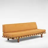 sofa by T. H. Robsjohn-Gibbings, 1950s, walnut, webbing, upholstery, sold Oct 2001
