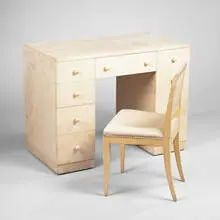 Samuel Marx, desk and chair, 1940s, crackle-lacquer over wood, upholstery