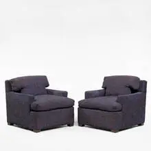 lounge chairs, pair by Edward Wormley, 1950s, walnut, upholstery, sold Oct 2001