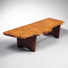 George Nakashima, bench, 1965, burl oak, walnut