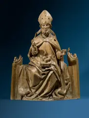 zugeschrieben Erasmus Grasser, Heiliger Nikolaus von Myra, Um 1500, Lindenholz, geschnitzt, Reste der Farbfassung