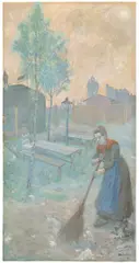 Hans Baluschek, Vorstadtszene mit fegender Frau, 1895, Gouache und Pastell auf Karton