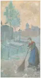 Hans Baluschek, Vorstadtszene mit fegender Frau, 1895, Gouache und Pastell auf Karton