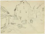 Jean-Auguste-Dominique Ingres, Römische Straßenecke mit Bildhauerwerkstatt, Bleistift auf Velin