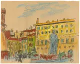 Max Pechstein, Der Neptunbrunnen in Florenz, Um 1913, Farbige Wachskreide über Bleistift auf Papier