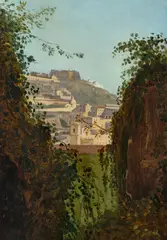 Franz Ludwig Catel, Blick vom Grab des Vergil auf den Vomero-Hügel mit Castel Sant'Elmo in Neapel, Um 1818, Öl auf Papier, auf Leinwand aufgezogen