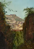 Franz Ludwig Catel, Blick vom Grab des Vergil auf den Vomero-Hügel mit Castel Sant'Elmo in Neapel, Um 1818, Öl auf Papier, auf Leinwand aufgezogen
