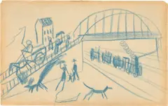 Viktoriabrücke mit Spaziergängern und Hunden by August Macke, 1912, Blauer Farbstift auf Papier, sold Jun 2023