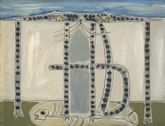 Óscar Domínguez, Le chat et sa prise, Um 1949, Öl auf Leinwand auf Pappe