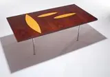 Rhythmic Plywood Table by Tapio Wirkkala, 1958, Laminated padouk, maple, hazelwood with mussel and leaf ornaments, sold Jun 2007