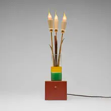 Garry Knox Bennett, STDBA #14 table lamp, 2015, glass, laminate, painted wood, copper, brass