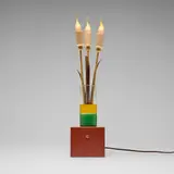 Garry Knox Bennett, STDBA #14 table lamp, 2015, glass, laminate, painted wood, copper, brass