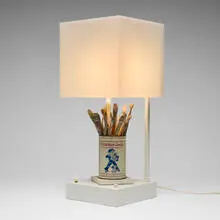 Kinetic table lamp #14 by Garry Knox Bennett, 2010, enameled steel, acrylic, laminate, painted wood, paintbrushes, sold Jul 2026