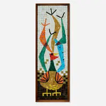 Evelyn Ackerman, Bird mosaic, 1957, glass tile mosaic on Masonite in original spruce frame