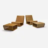 Danny Ho Fong, Wave lounge chairs and ottomans, set of four, c. 1966, wicker over stainless steel and arurog, arurog over stainless steel