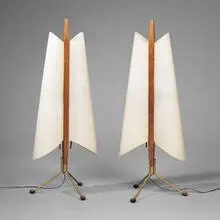 attribution Arne Jacobsen, table lamps, pair, 1950s, teak, brass, plastic