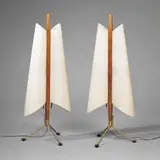attribution Arne Jacobsen, table lamps, pair, 1950s, teak, brass, plastic