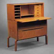 drop-front desk, model 802 by Alvar Aalto, 1950s, birch, brass, sold Oct 2001