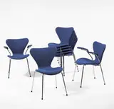 Arne Jacobsen, Series 7 dining chairs, set of eight, 1955, upholstered plywood, chrome-plated steel