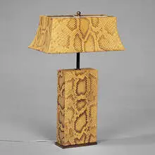 Karl Springer, table lamp, 1960s, python skin, brass, wood
