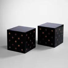 parquetry tables model 5967A, pair by Edward Wormley, 1959, black lacquered, walnut, sold Oct 2001