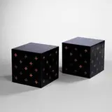 parquetry tables model 5967A, pair by Edward Wormley, 1959, black lacquered, walnut, sold Oct 2001