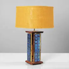 Edward Wormley, table lamp, Tiffany glass tiles, walnut