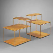 end tables, pair by Edward Wormley, c. 1955, bird's-eye maple, gilt metal, glass, sold Oct 2001