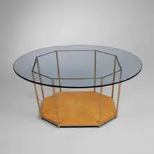 coffee table by Edward Wormley, c. 1955, bird's-eye maple, gilt metal, glass, sold Oct 2001